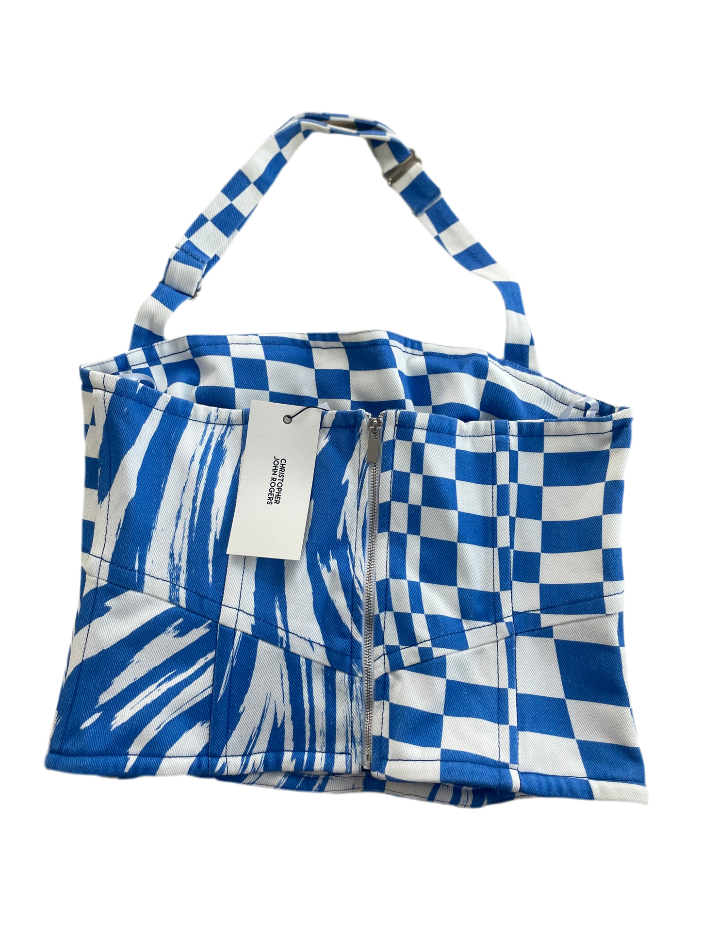 Christopher John Rogers Blue White Wave Check Denim Halter Top Product Shot Back View