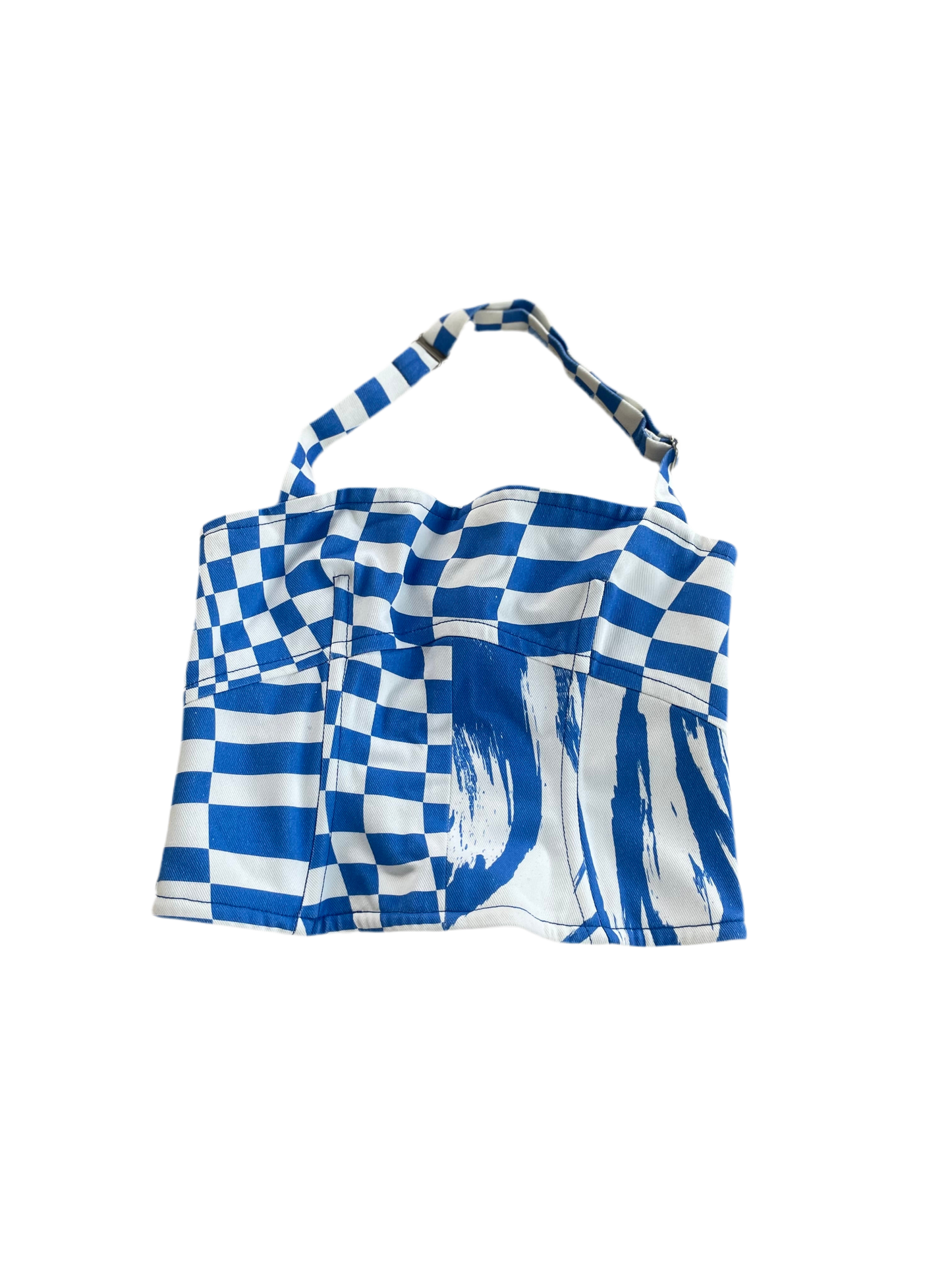 Christopher John Rogers Blue White Wave Check Denim Halter Top Product Shot Front View