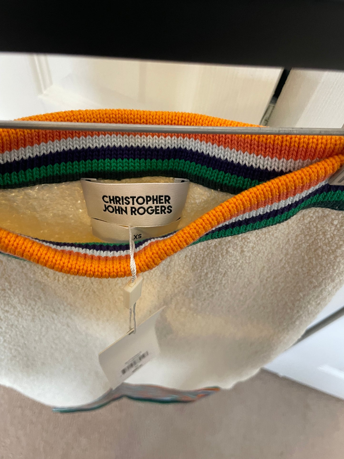 Christopher John Rogers Boucle Cream Skirt with Rainbow Trim Label