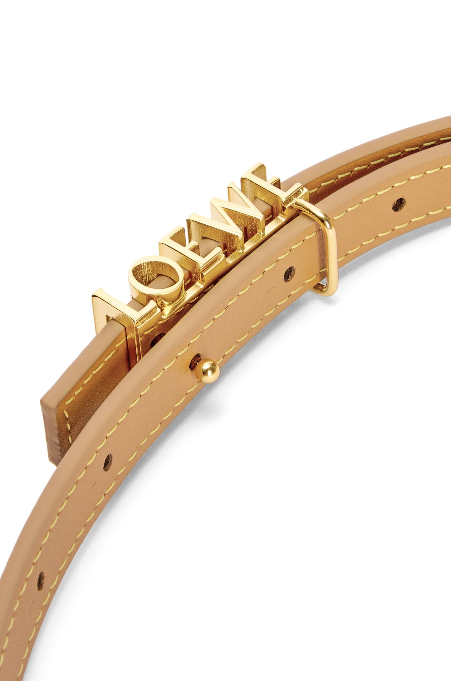 Loewe Graphic Buckle Leather Skinny Belt in Oak Gold Product Shot Buckle Detail