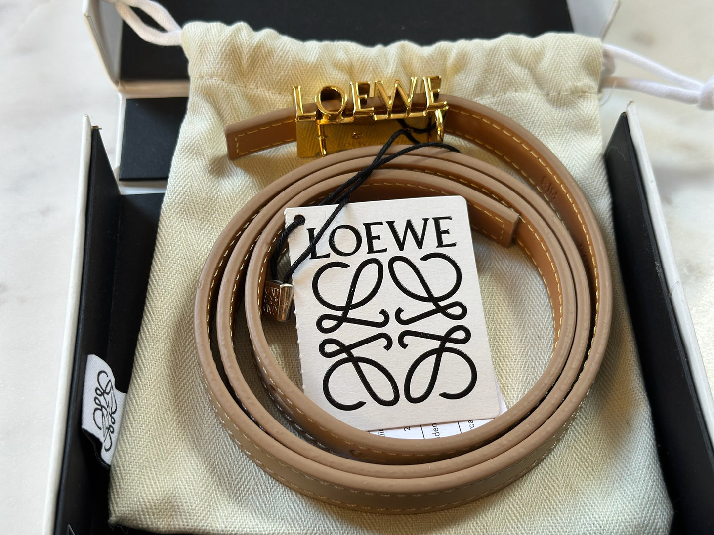 Loewe Graphic Buckle Leather Skinny Belt in Oak Gold With Tag