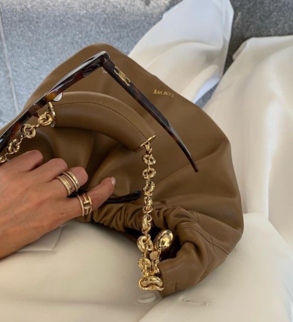 Loewe Squeeze Bag Small Tan Oak Color Leather Gold Hardware Close Up Shot