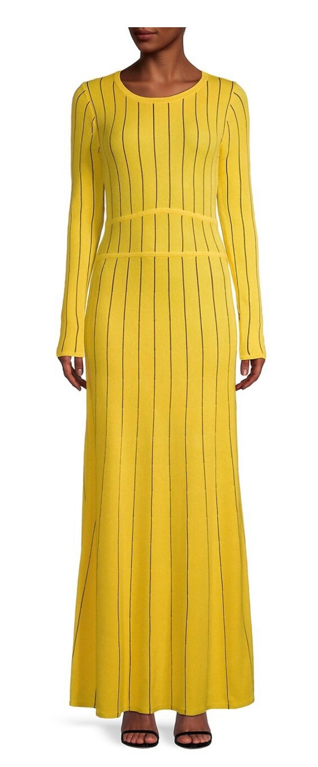Victor Glemaud Yellow Pinstripe Dress Product Shot on Model Front View