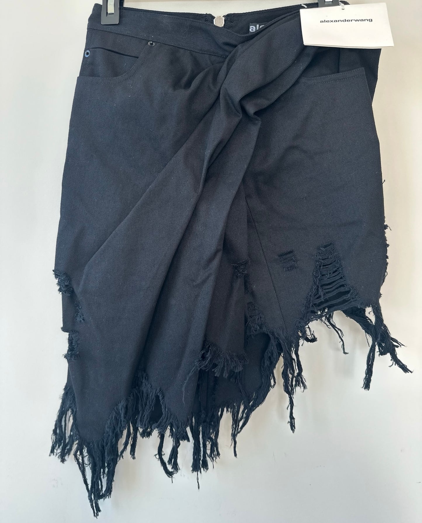 Alexander Wang Distressed Black Denim Frayed Skirt Front View