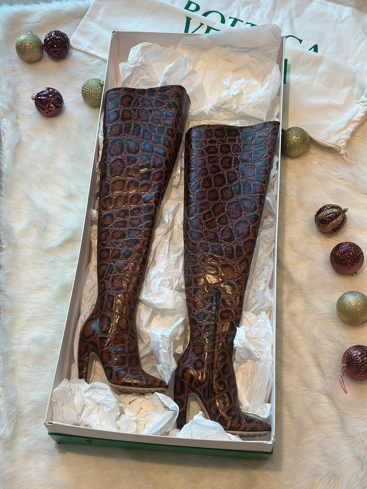 Bottega Veneta Croc Canalazzo Over the Knee Boots in Box