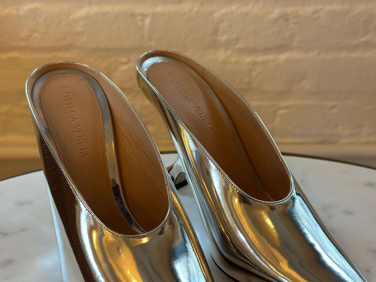 Bottega Veneta Silver Rocket Mules Close Up View