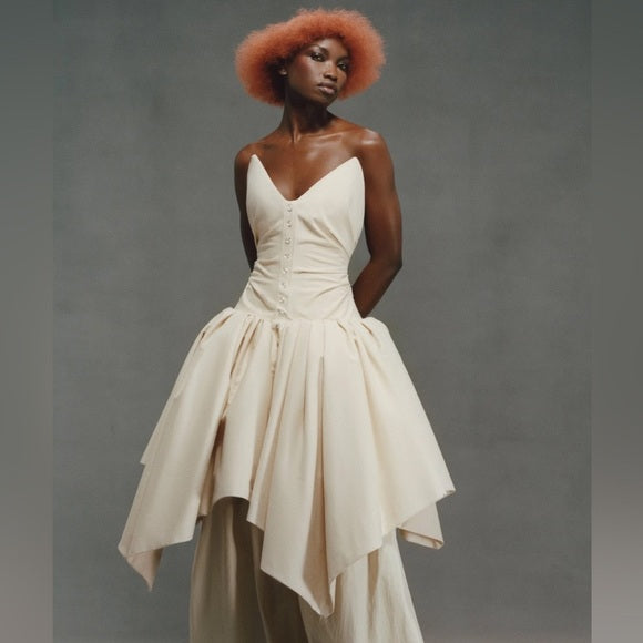 Christopher John Rogers Strapless Ruched Handkerchief Midi Dress Size – muse boutique