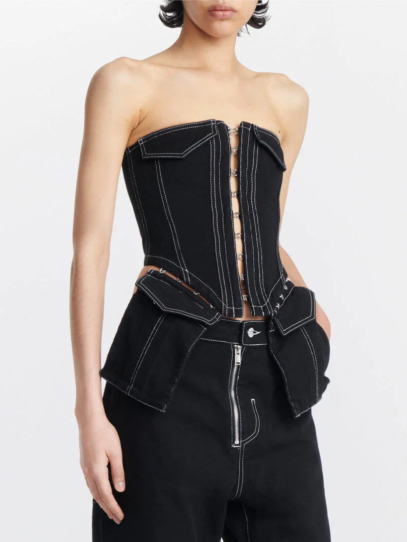 Dion Lee Black Denim Bustier Corset with Detachable Pockets Closeup on Model