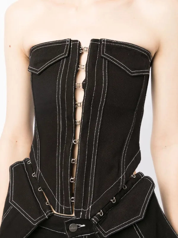 Dion Lee Black Denim Detachable Pocket Corset Bustier Hook Fasten Detail
