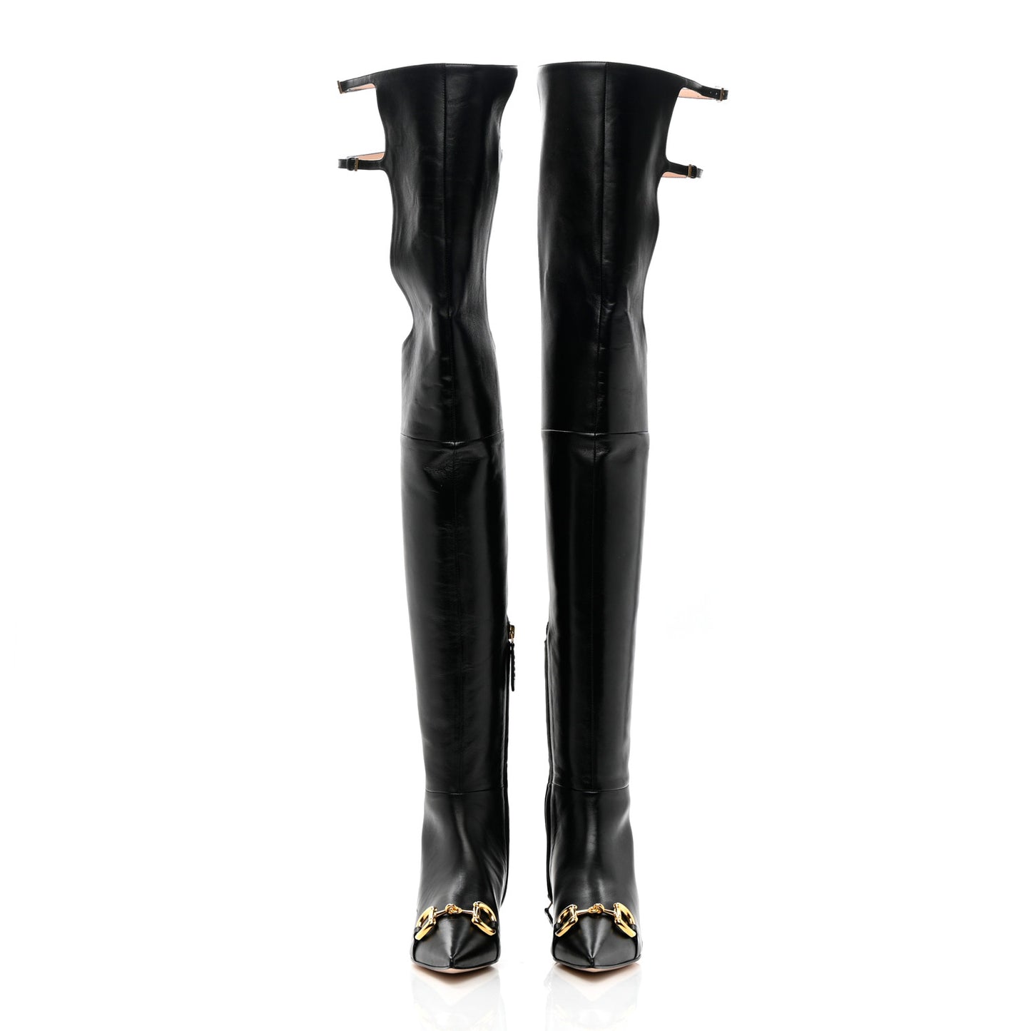 Gucci Black Leather Over the Knee Horsebit Boots Product Shot Front View
