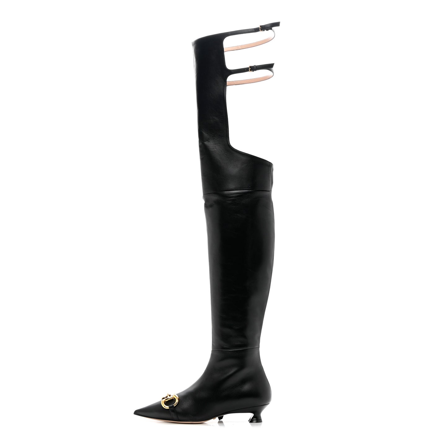 Gucci Black Leather Over the Knee Horsebit Boots Product Shot Side View