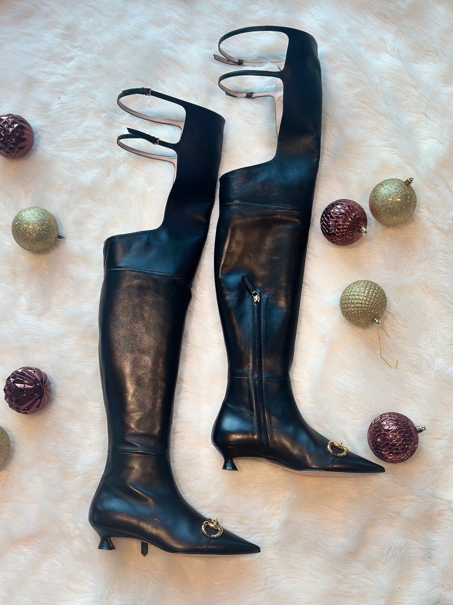 Gucci Black Leather Over the Knee Horsebit Boots Profile View