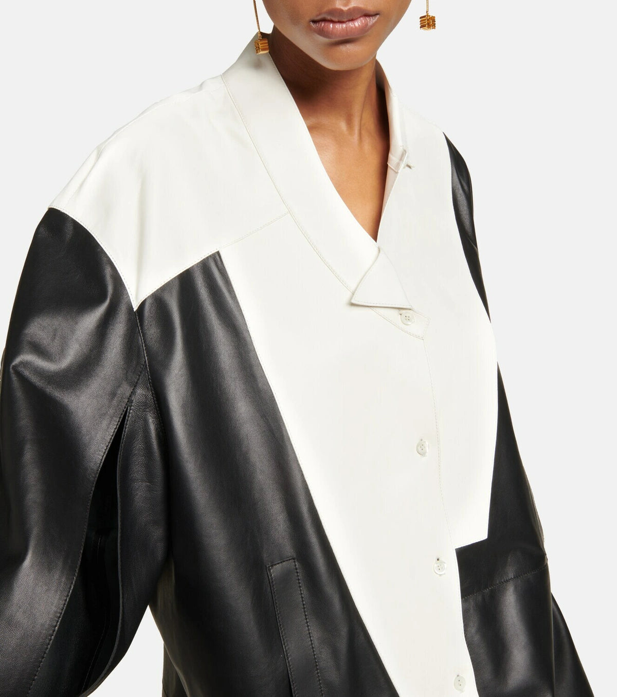 Loewe Asymmetric Leather Bib Panelled Shirtdress Product Shot on Model Closeup
