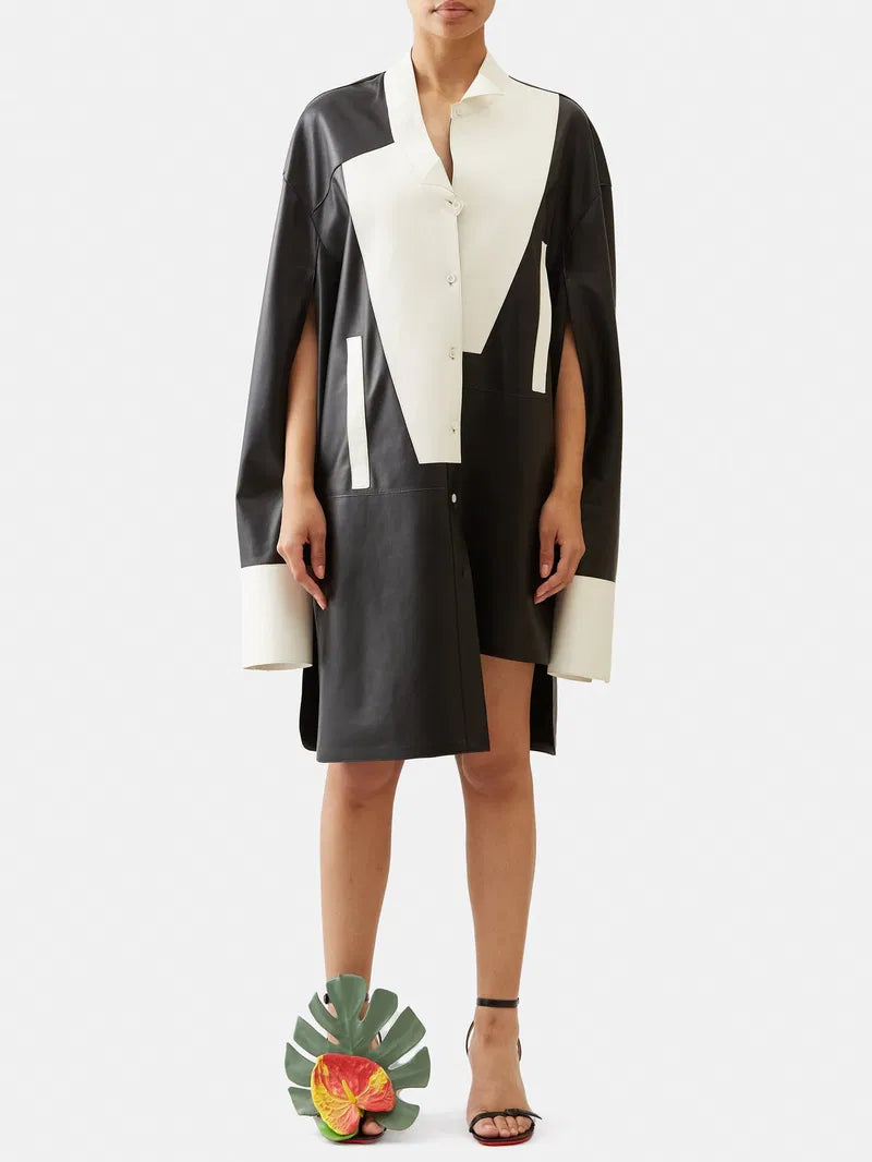 Loewe Asymmetric Leather Bib Panelled Shirtdress Product Shot Model Standing