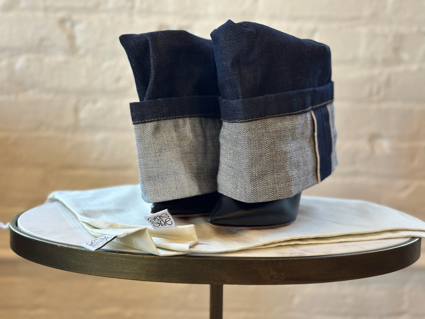 Loewe Dark Denim Foldover Boots on Stool with Garment Bags