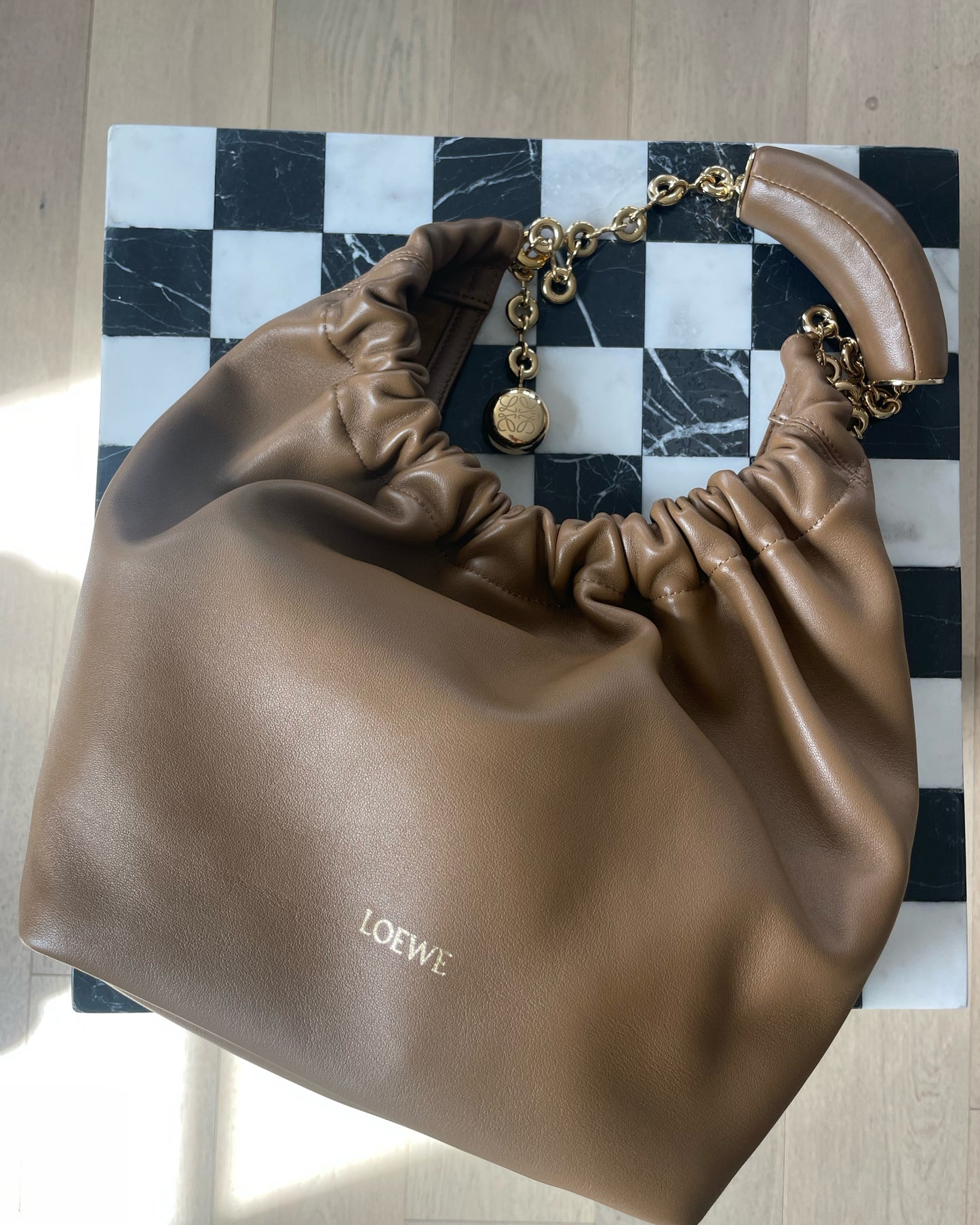 Loewe Squeeze Bag Small Tan Oak Color Leather Gold Hardware