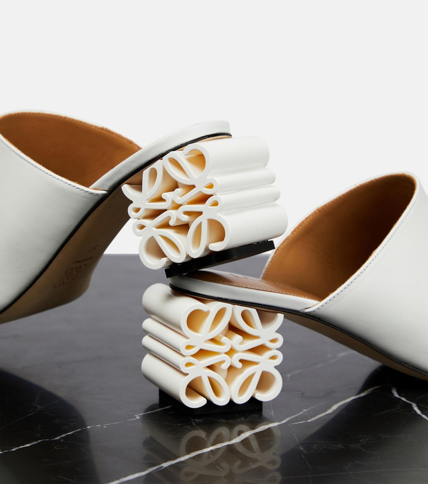 Loewe White Leather Anagram Mules Product Shot Showing Heel Detail