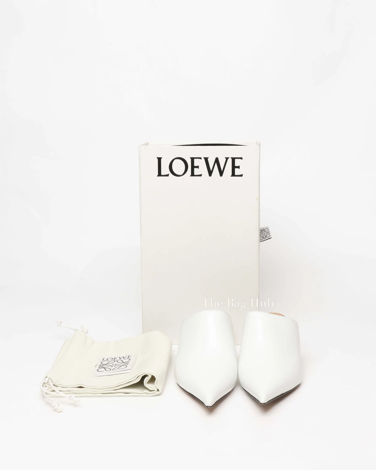 Loewe White Leather Anagram Mules Product Shot with Box