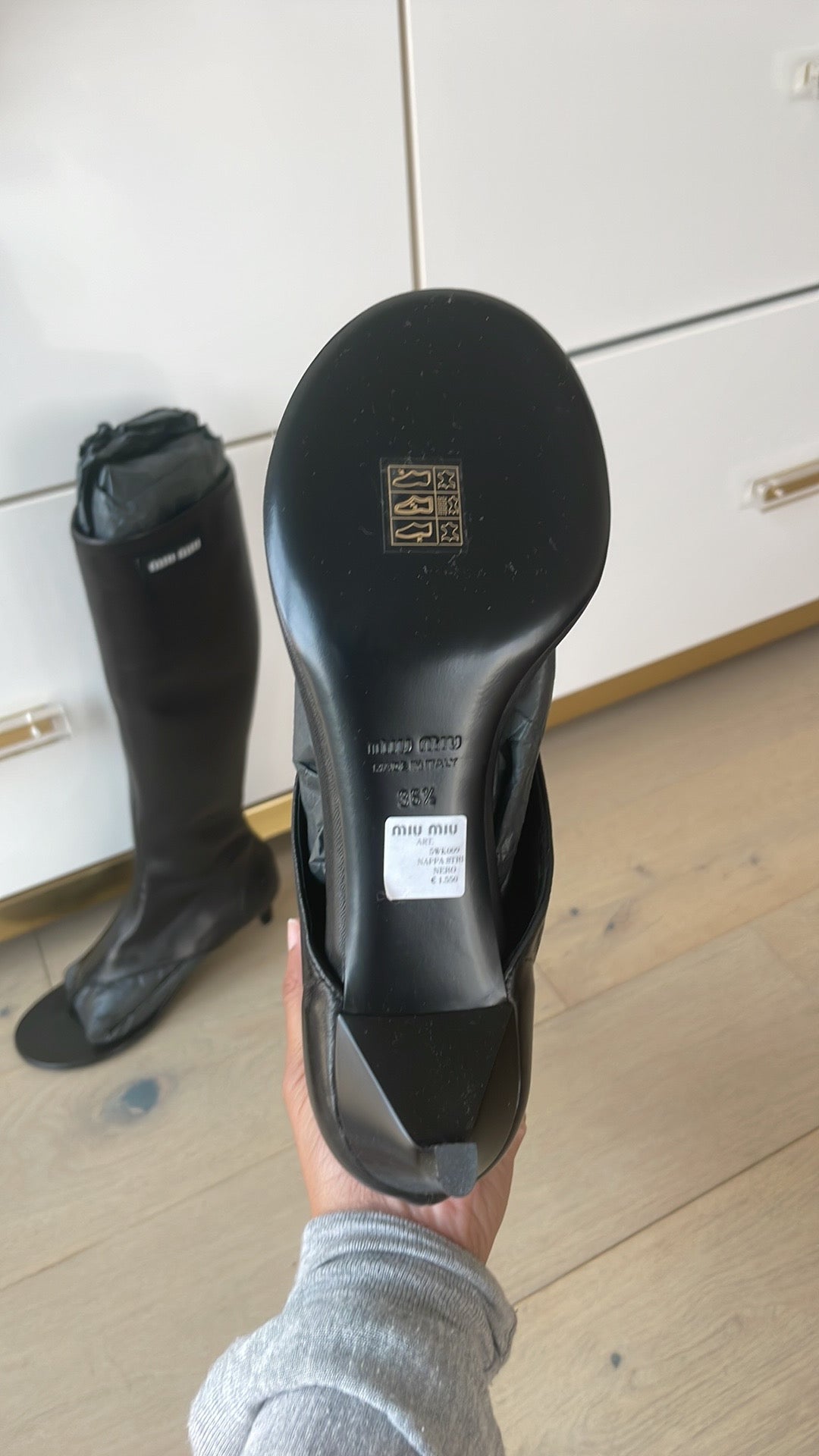 Miu Miu Black Leather Thong Boots Sole Full View