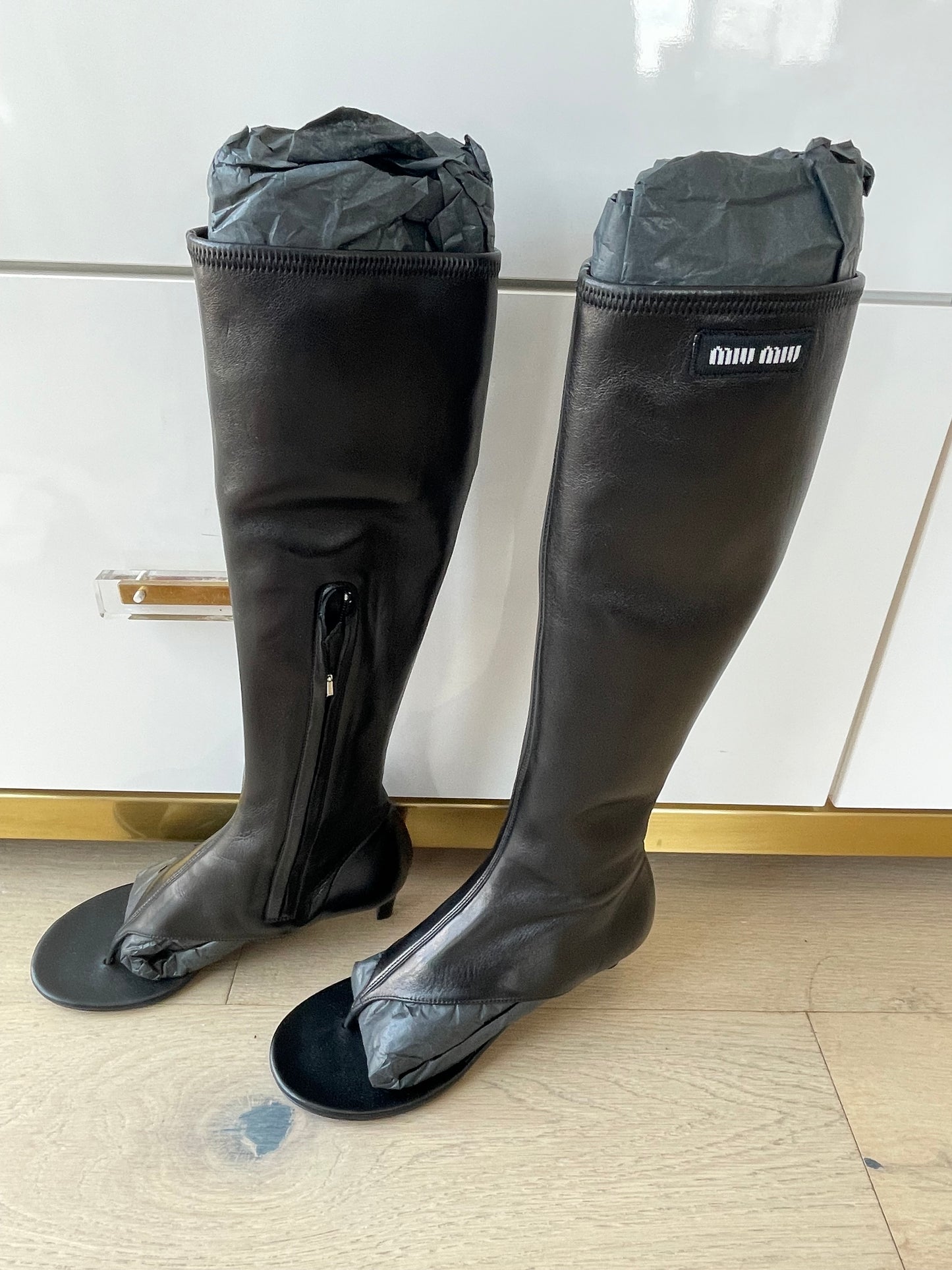 Miu Miu Black Leather Thong Boots Standing Pair