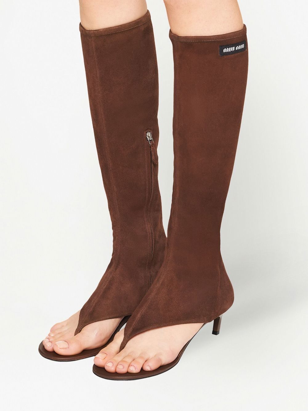 Miu Miu Brown Suede Thong Boots Product Shot Worn by Model
