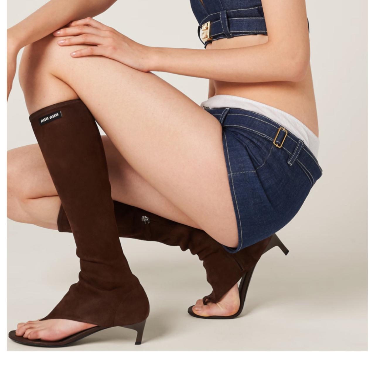 Miu Miu Brown Suede Thong Boots Product Shot Worn by Kneeling Model
