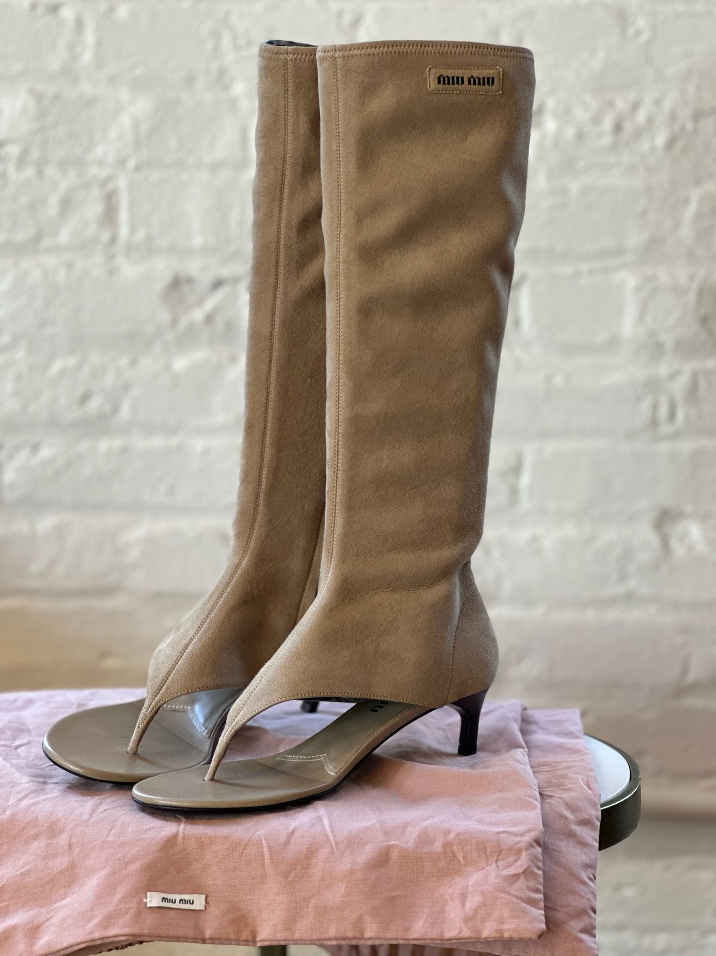 Miu Miu Tan Suede Thong Gladiator Boots Standing on Stool