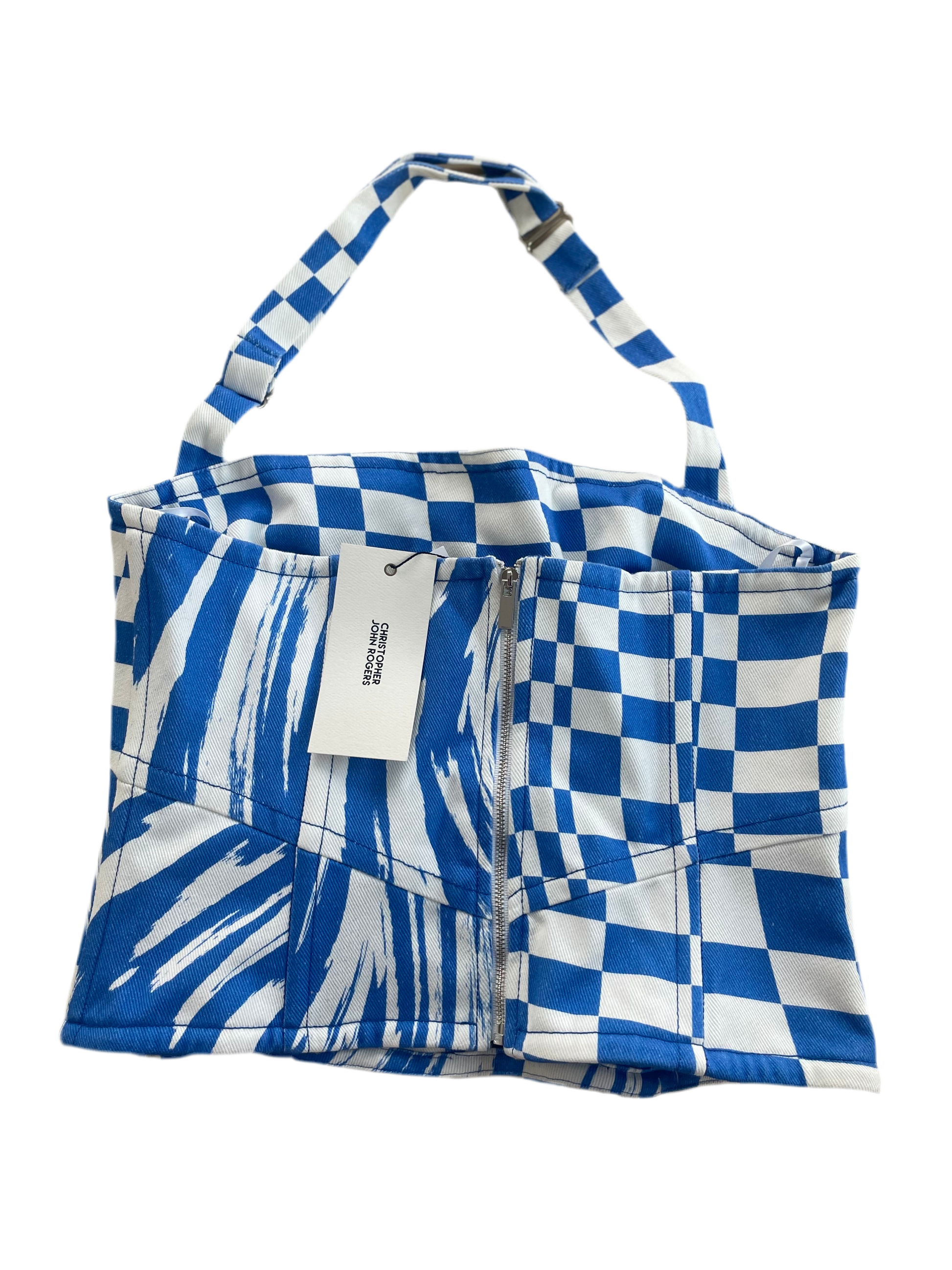 Christopher John Rogers Blue White Wave Check Denim Halter Top Product Shot Back View