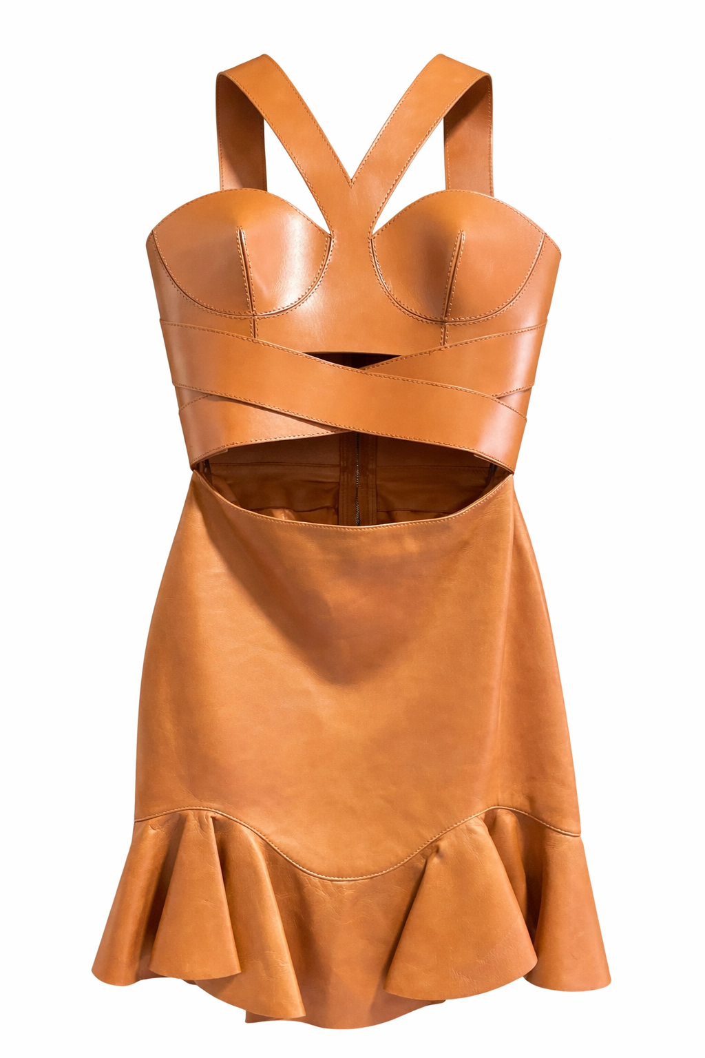 Alexander McQueen brown leather corset halter dress with cut-out design on a white background