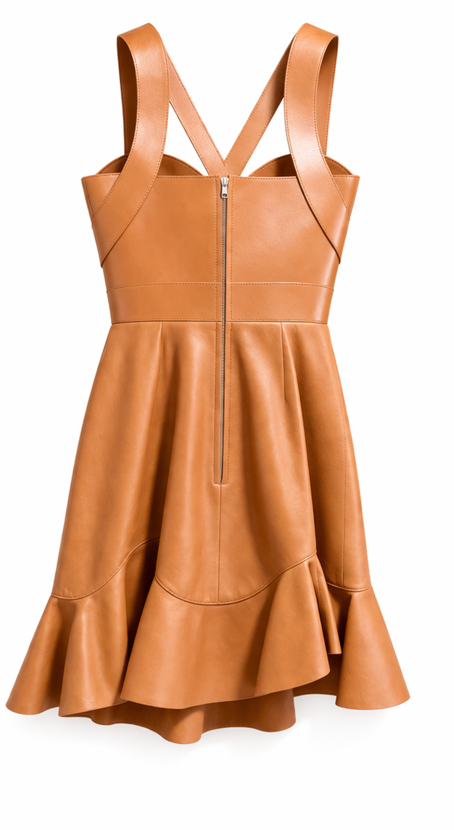 Alexander McQueen brown leather corset halter dress back view with zipper detail on a white background