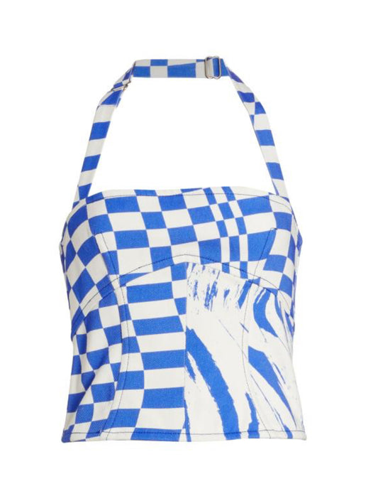 Christopher John Rogers Blue White Wave Check Denim Halter Top