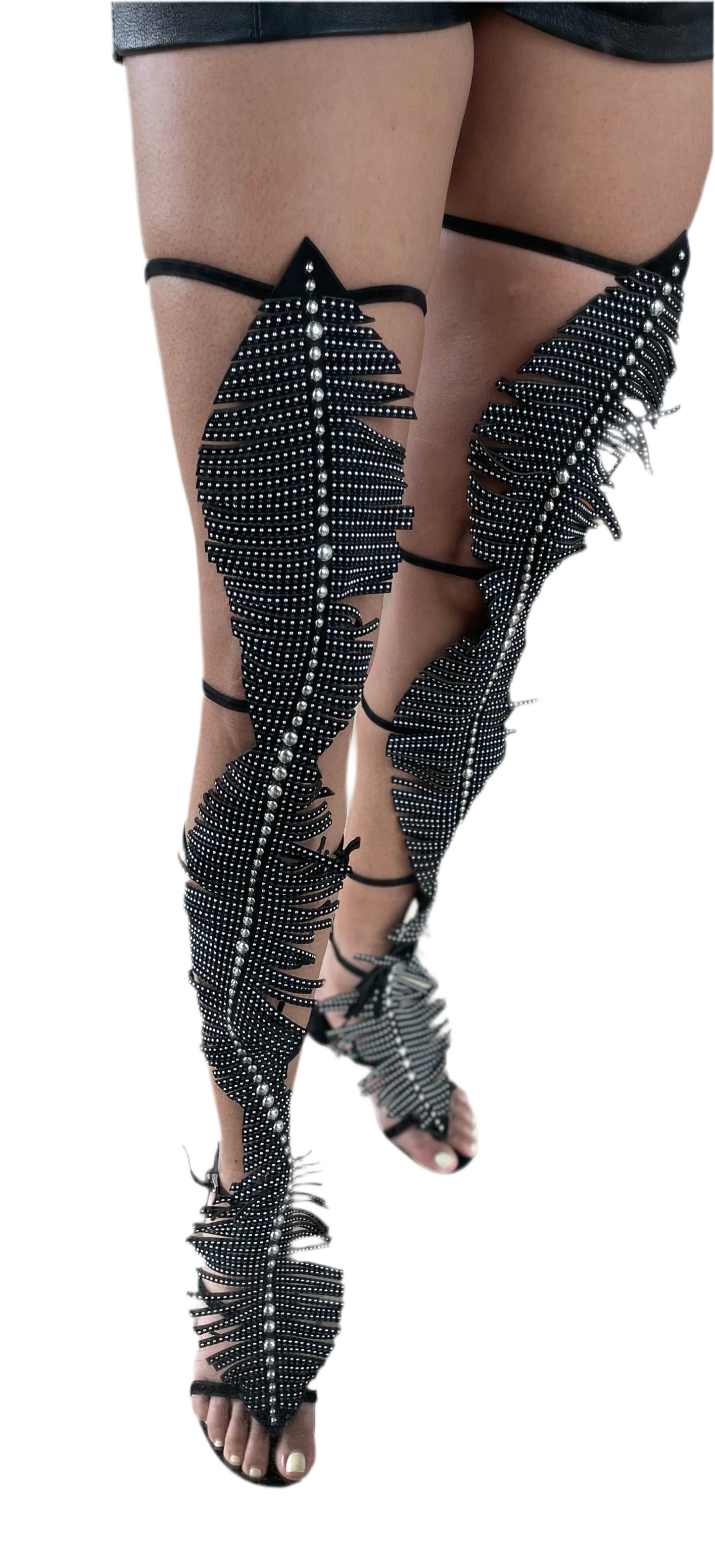 Alaia Suede Studded Feather Fringed Gladiator Sandal Size 37 | Muse Boutique