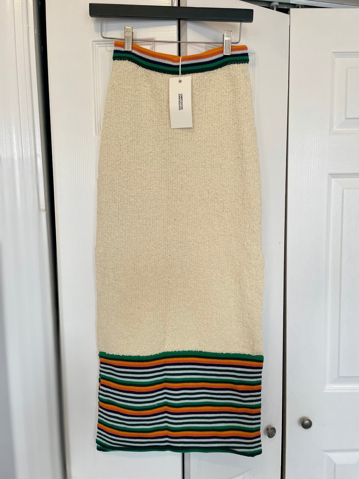 Christopher John Rogers Boucle Cream  Knit Skirt with Rainbow Trim on Hanger