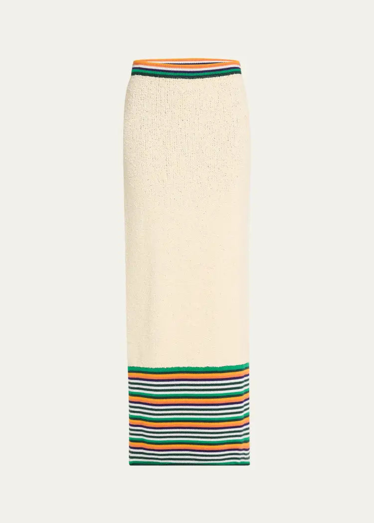 Christopher John Rogers Boucle Cream  Knit Skirt with Rainbow Trim Product Shot against white background