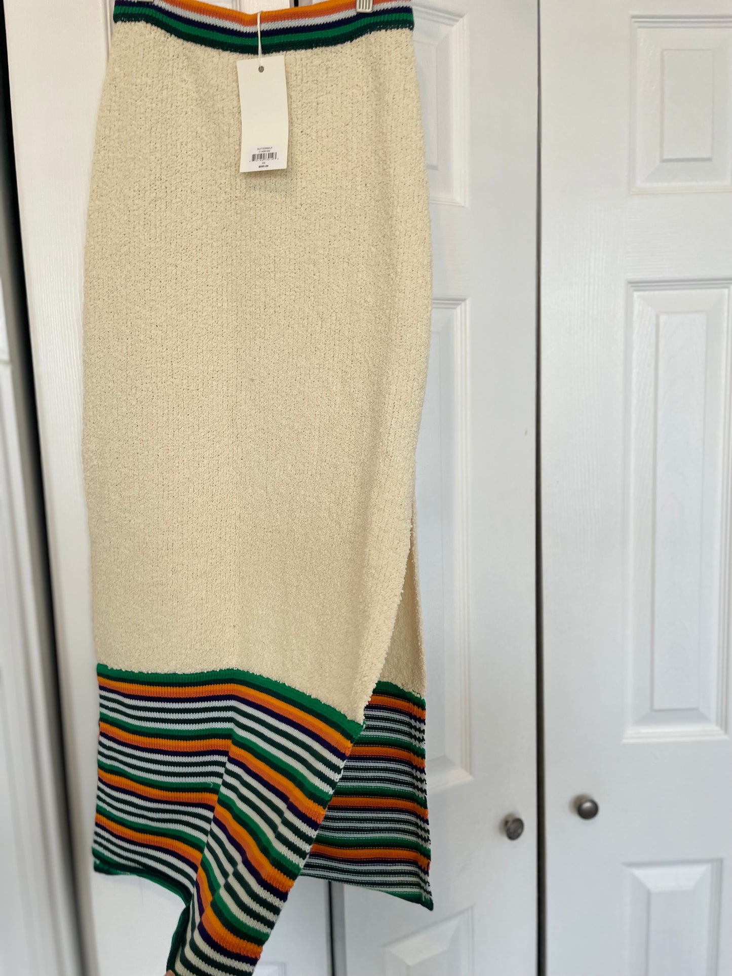 Christopher John Rogers Boucle Cream Skirt with Rainbow Trim Side Slit View  
