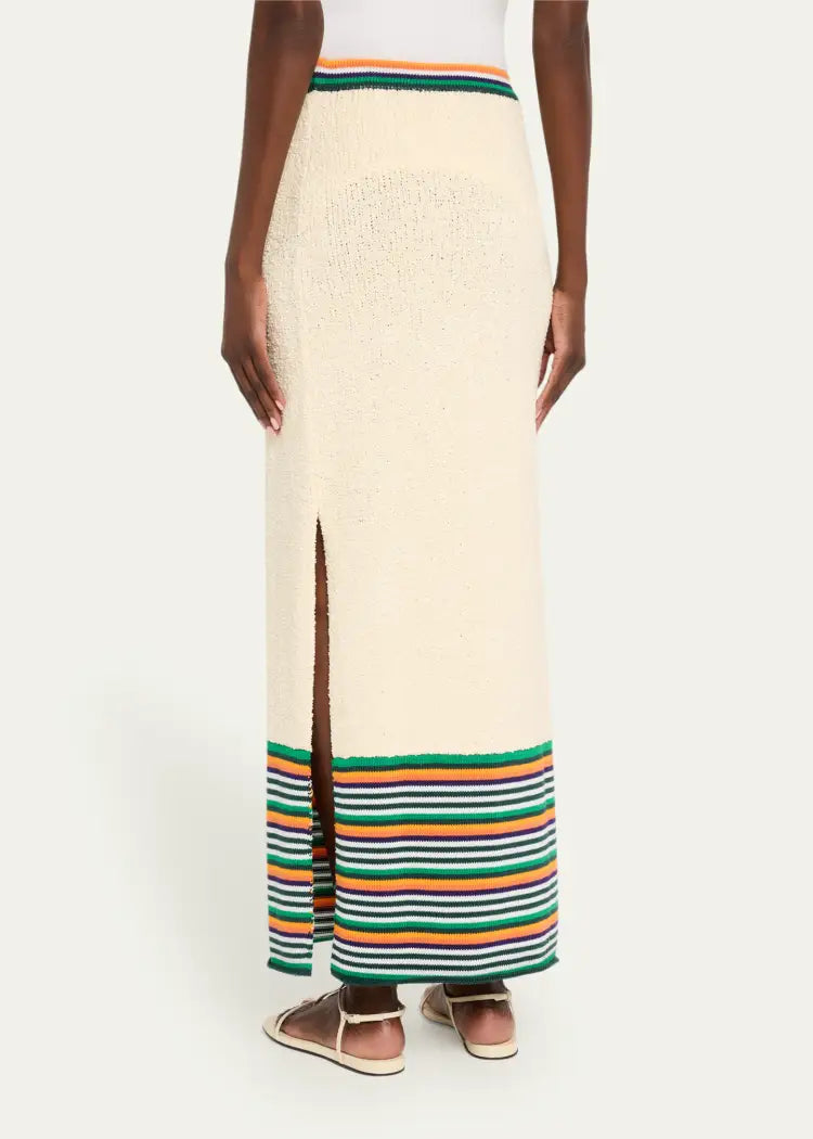 Christopher John Rogers Boucle Cream  Knit Skirt with Rainbow Trim Product Shot on Model