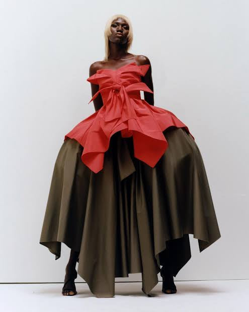 Christopher John Rogers Red Origami Style Strapless Top on Model