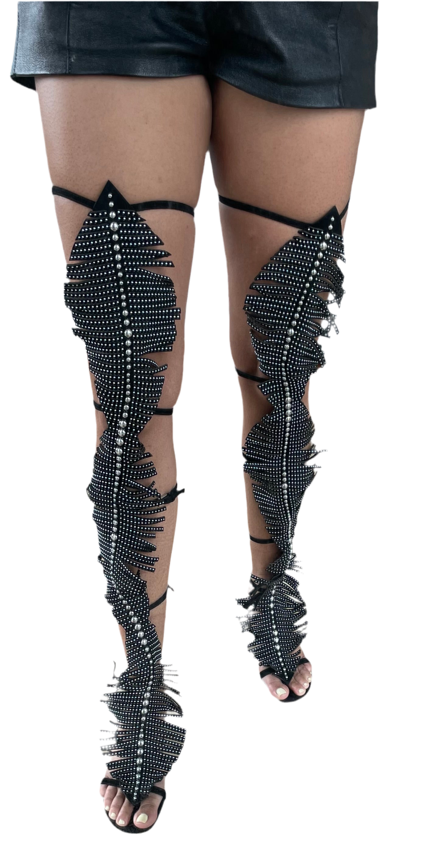 Alaia Suede Studded Feather Fringed Gladiator Sandal Size 37 | Muse Boutique