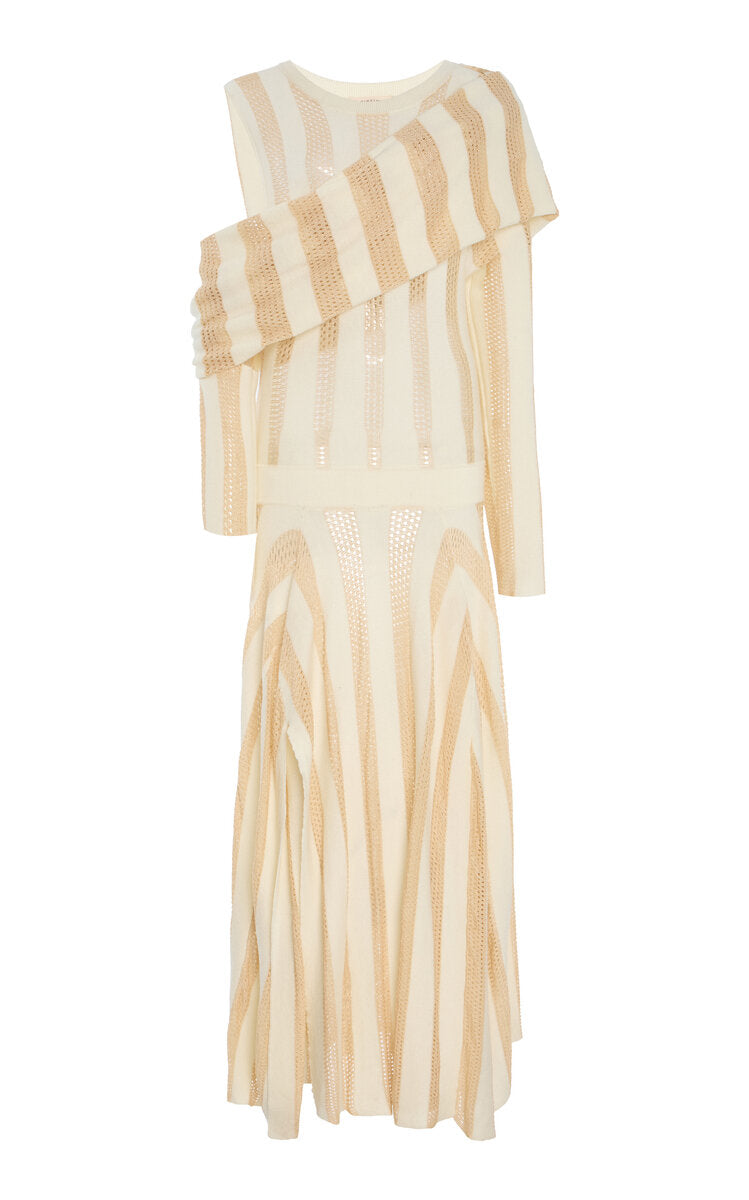Beige and white striped maxi dress from Diotima on a white background