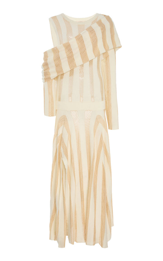 Beige and white striped maxi dress from Diotima on a white background