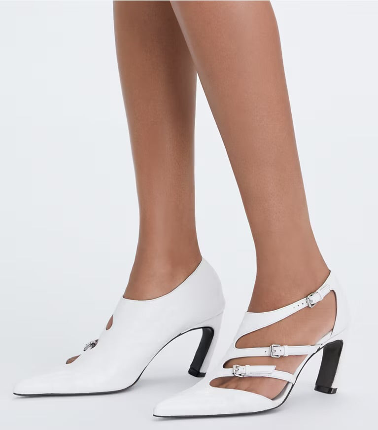 Tory Burch White Multi-Buckle Pumps on Model