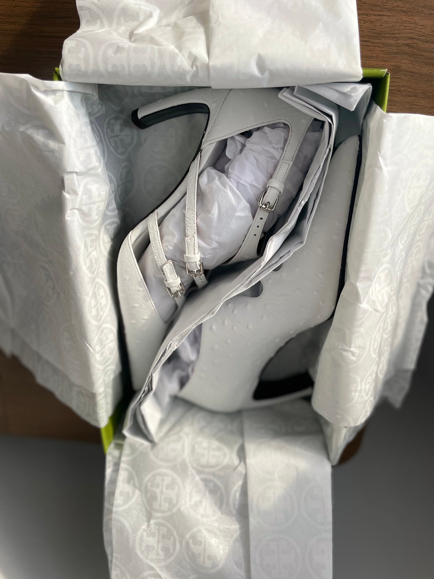 Tory Burch White Multi-Buckle Pump heels in shoe box