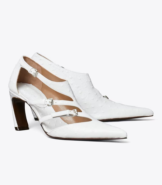 Pair of White Tory Burch White Multi-Buckle Pump Product Shot against white background