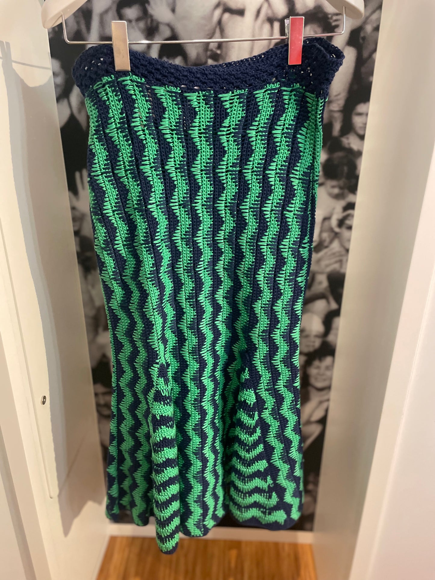 Wales Bonner Ocean Zigzag Knit Skirt in Navy Blue and Green Front View