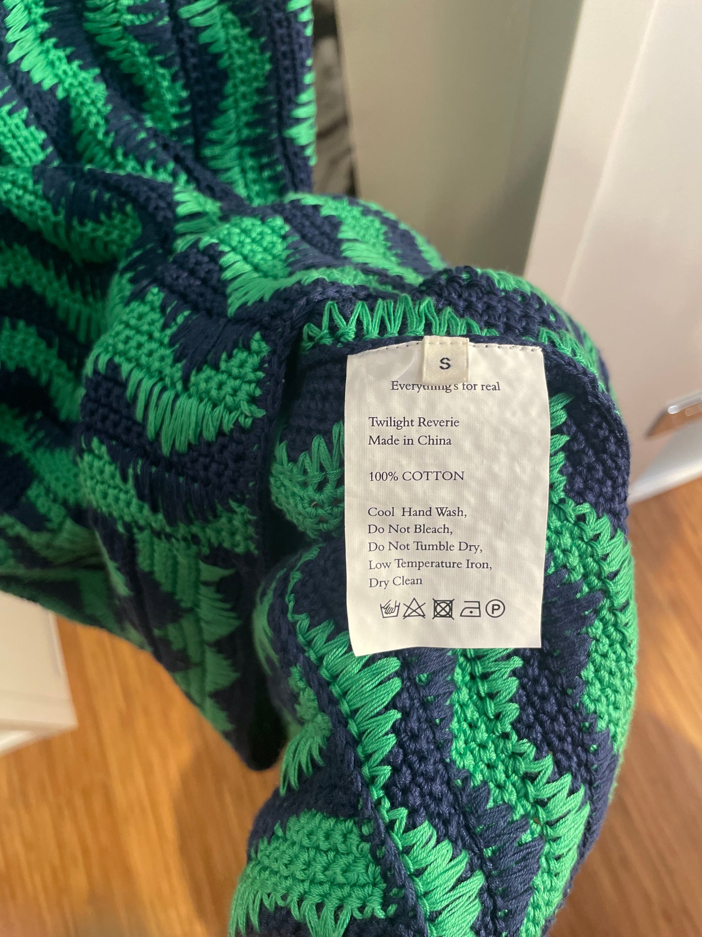 Wales Bonner Ocean Zigzag Knit Skirt in Navy Blue and Green Material Composition Tag