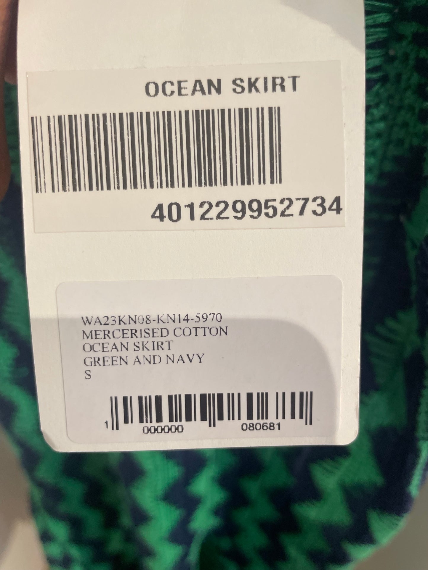 Wales Bonner Ocean Zigzag Knit Skirt in Navy Blue and Green Tag