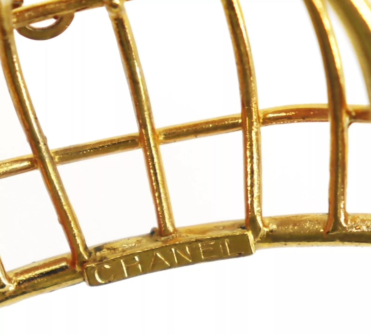 CHANEL vintage birdcage earrings logo closeup
