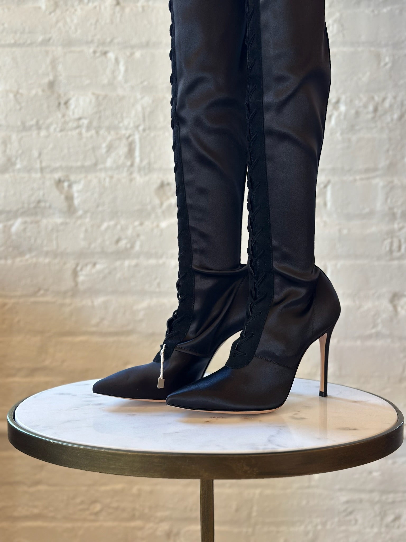 Gianvito Rossi Amanda Raso Black Lace Up Thigh High Boots on Stool