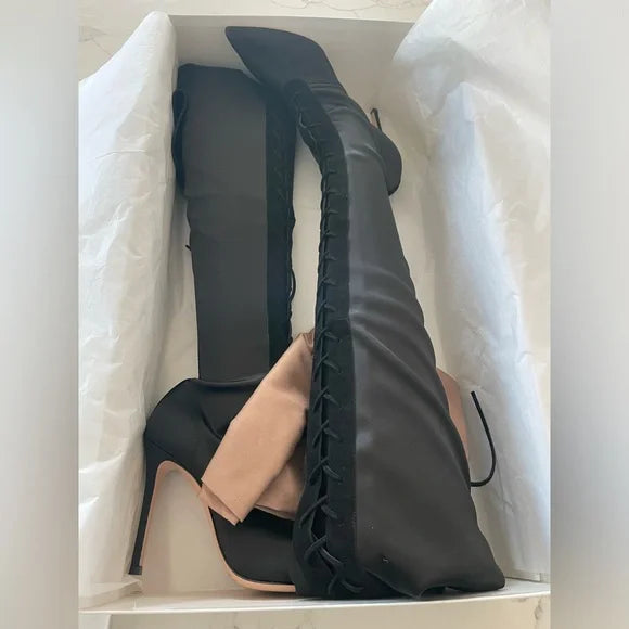 Gianvito Rossi Amanda Raso Black Lace Up Thigh High Boots Pair in Box