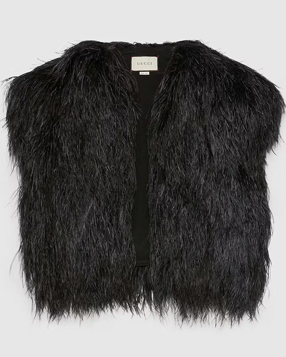 Gucci Black Ostrich Feather Vest Product Shot on Grey Background